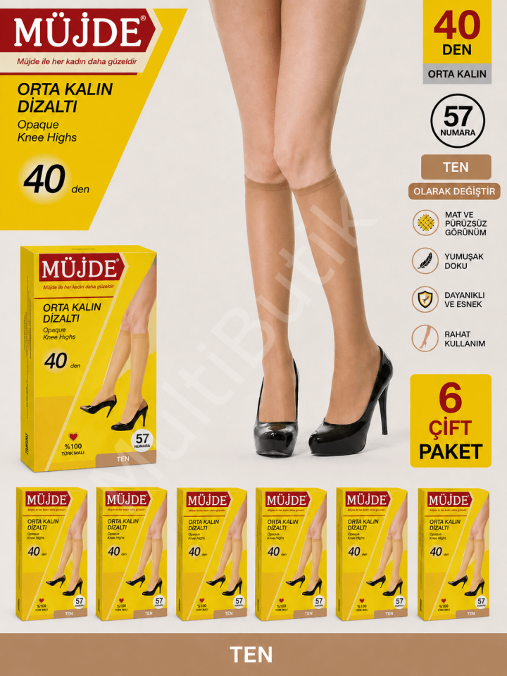 Müjde 40 Den Orta Kalın Dizaltı Çorap – 6’lı Paket