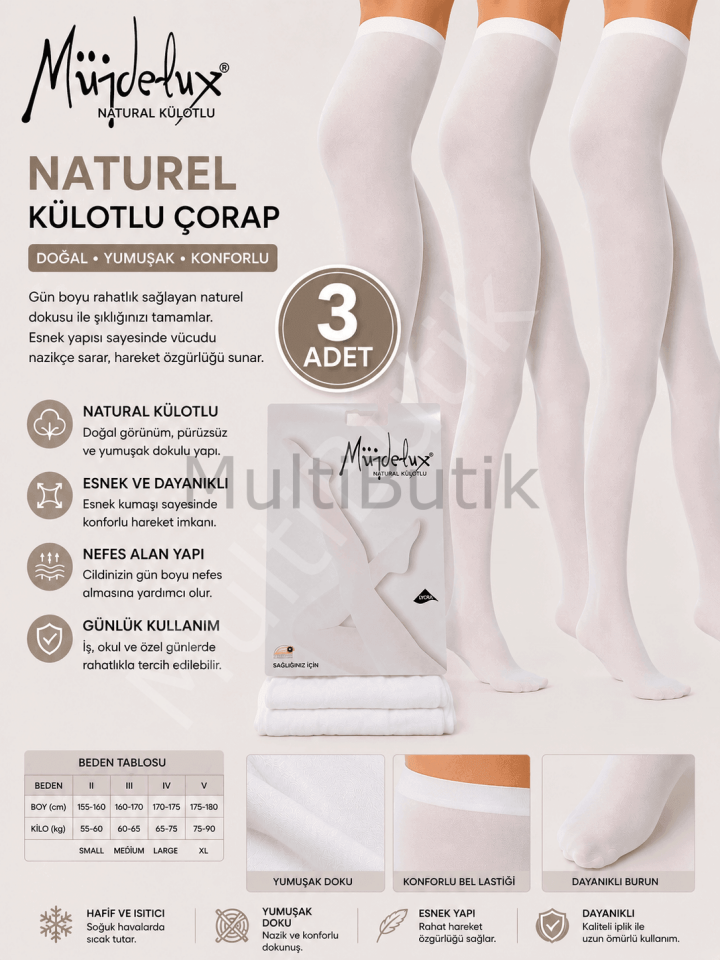 Sevde Naturel Külotlu Çorap 3’lü Paket – Beyaz