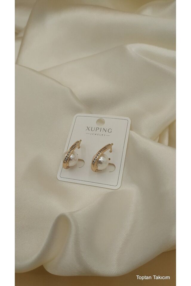 Zirkon Taş ve İncili Premium Xuping Çelik Küpe-Gold Model