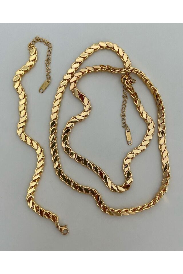 18 Ayar Altın Kaplama Paslanmaz Çelik Arpa Kolye, Bileklik Set 45cm