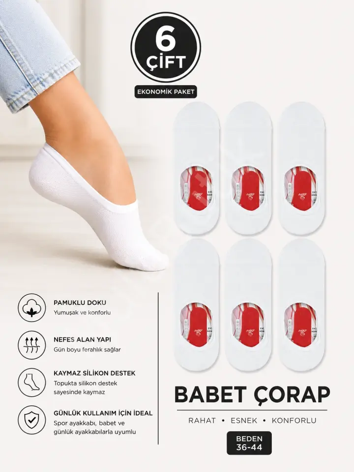 Beyaz Renk Unisex Babet Çorabı (6 Çift)