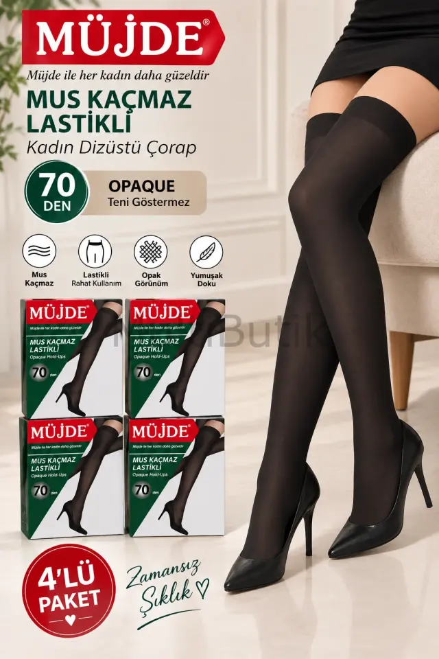 Müjde 70 Den Mus Kaçmaz Lastikli Kadın Dizüstü Çorap – 4’lü Paket