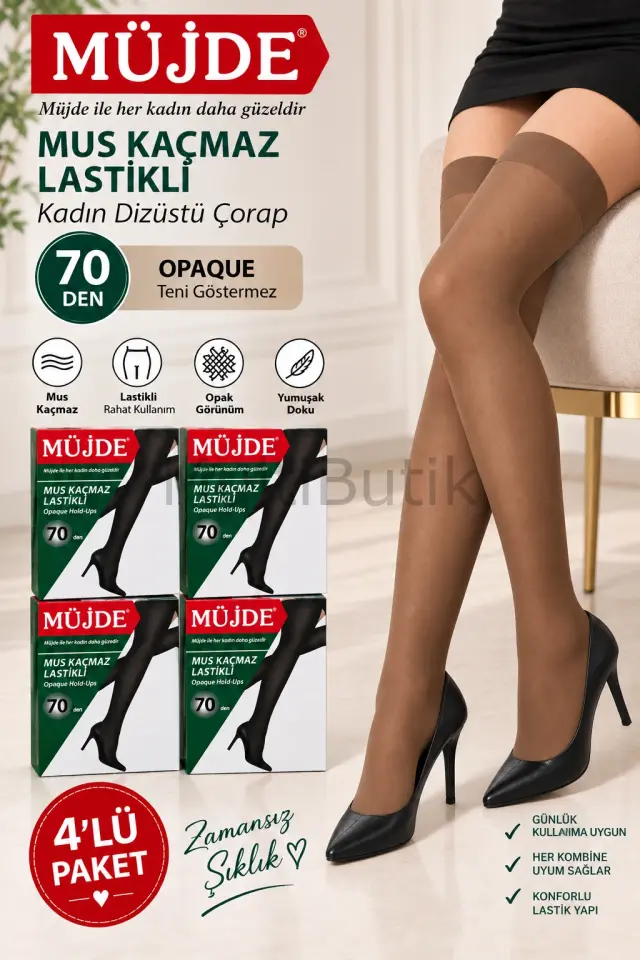 Müjde 70 Den Mus Kaçmaz Lastikli Kadın Dizüstü Çorap – 4’lü Paket