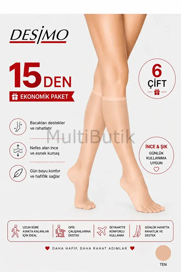6 Adet Süper İnce Mat 15 Denye Dizaltı Kadın Çorabı