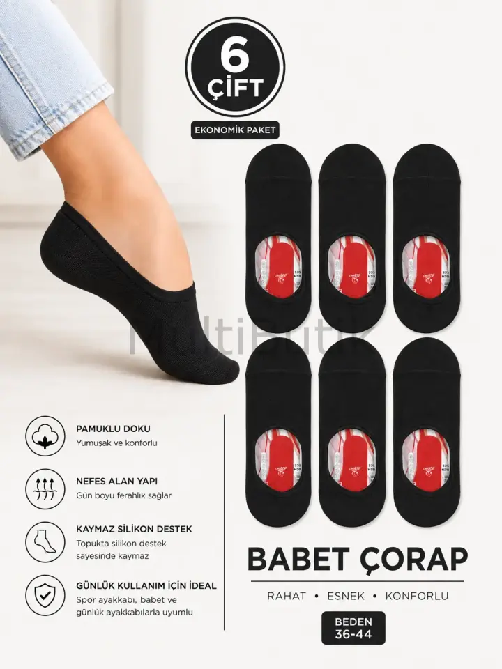 Siyah Renk Unisex Babet Çorabı (6 Çift)