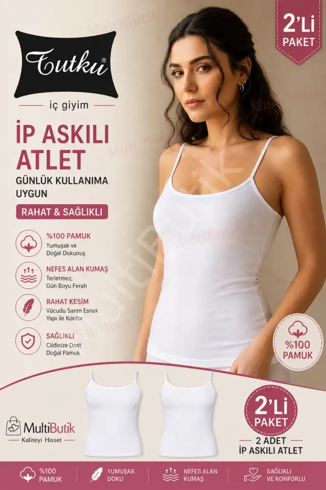 Tutku Kadın Beyaz Pamuklu Ribana Ip Askılı Atlet 2'li