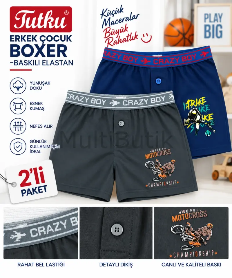 Tutku Baskılı Renkli Erkek Çocuk Boxer 2'li