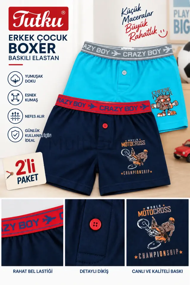Tutku Baskılı Renkli Erkek Çocuk Boxer 2'li