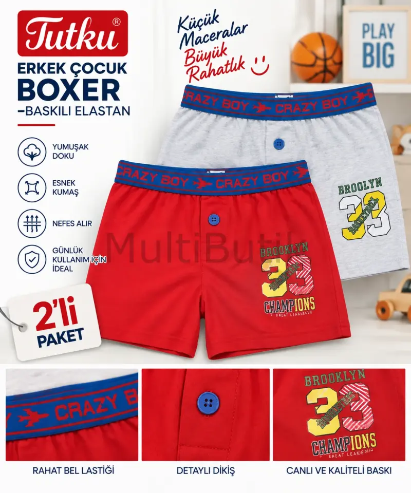 Turku Baskılı Renkli Erkek Çocuk Boxer 2'li