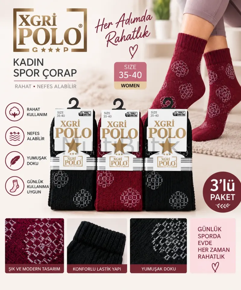 XGRİ Polo Sport Pamuklu Kadın Tenis Çorabı – 3 Çift