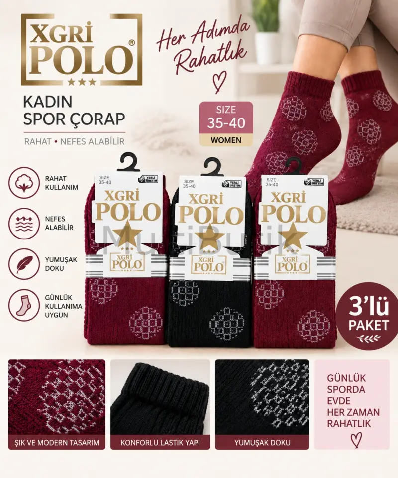 XGRİ Polo Sport Pamuklu Kadın Tenis Çorabı – 3 Çift