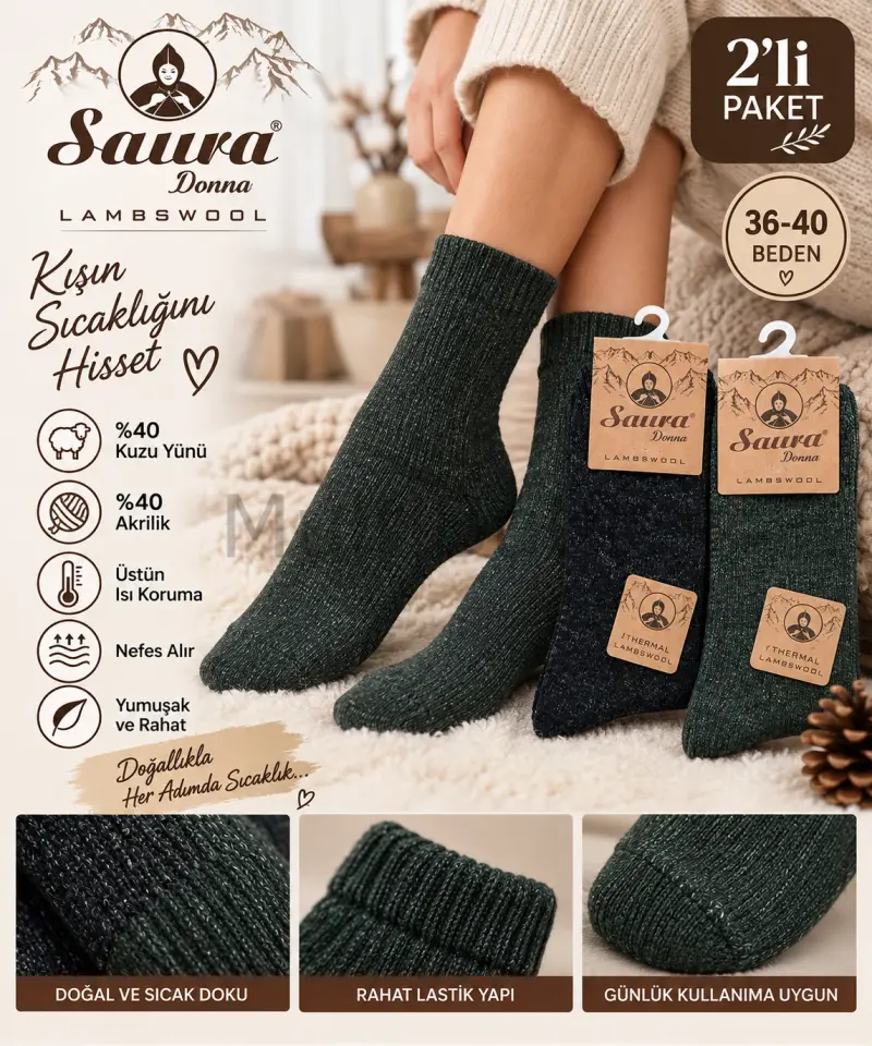 Lambswool Kuzu Yünü Çorap 2’li Paket