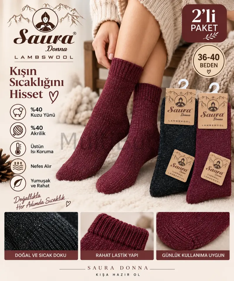 Lambswool Kuzu Yünü Çorap 2’li Paket