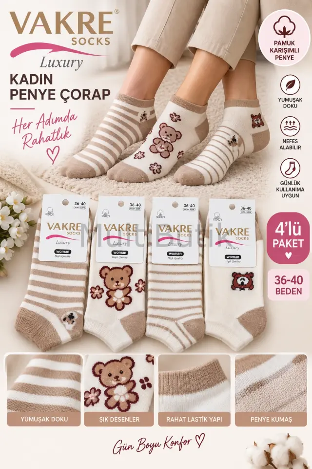 Vakre Desenli Kadın Patik Çorap – 4 Çift
