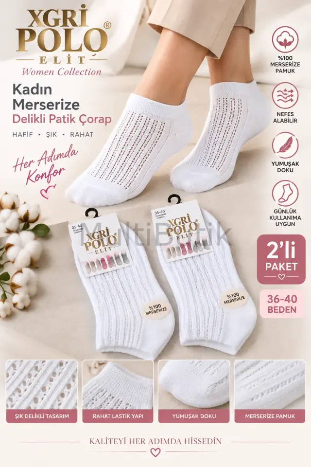 XGRİ Polo Kadın Fileli Merserize Patik Çorap – 2 Çift Beyaz