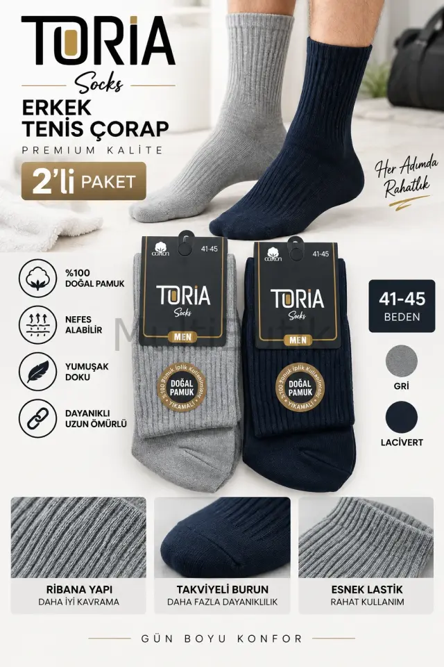 Toria Doğal Pamuklu Erkek Tenis Çorabı – 2 Çift