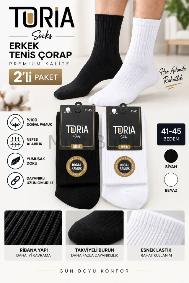 Toria Doğal Pamuklu Erkek Tenis Çorabı – 2 Çift