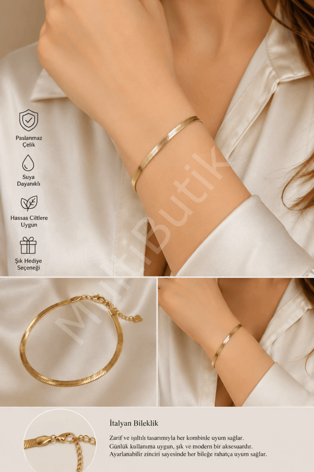 İtalyan Model Çelik Bileklik 4 mm - Gold