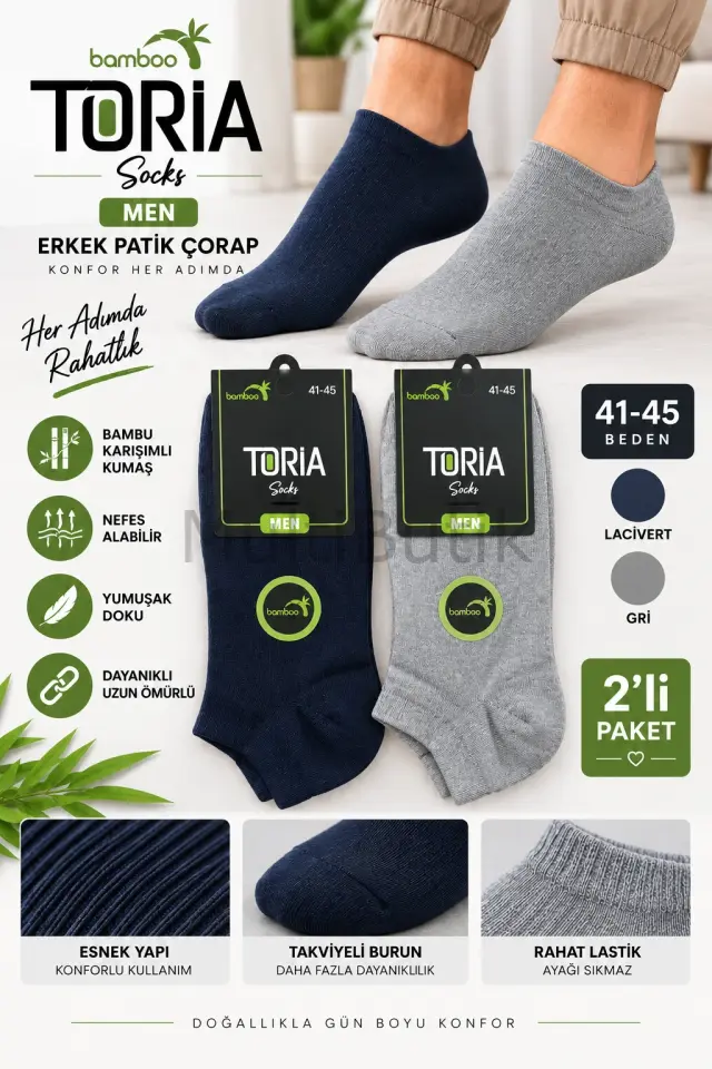 TORİA Bambu Erkek Patik Çorap – 2 Çift