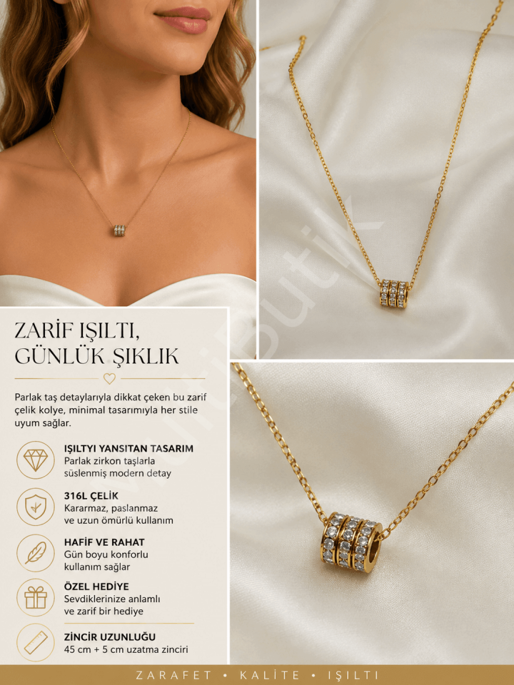 Zirkon Taşlı Silindir Detaylı Çelik Kolye