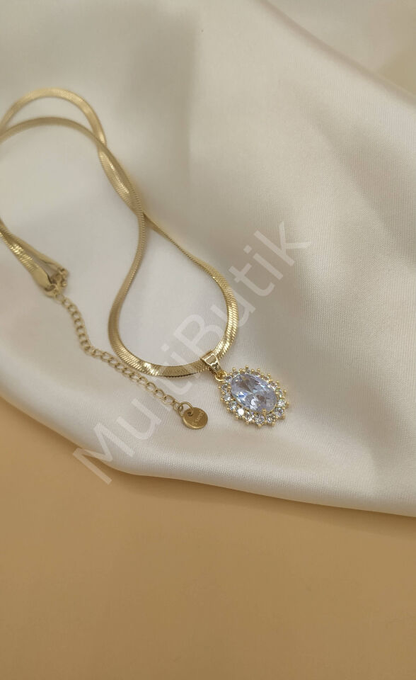 Zirkon Taşlı Oval Baget Çelik Kolye