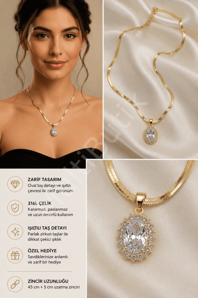 Zirkon Taşlı Oval Baget Çelik Kolye
