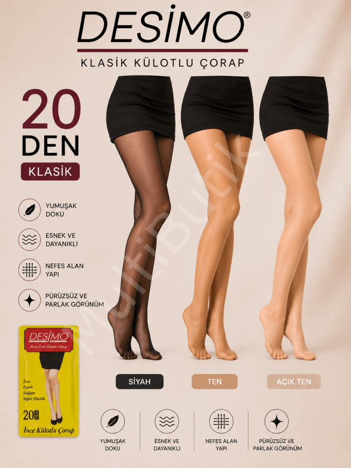 Desimo 20 Den Klasik Mat Külotlu Çorap – Siyah / Ten / Açık Ten