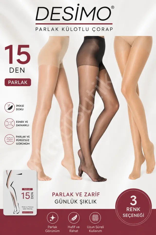 15 Denye İnce Sheer&Shiny Parlak Külotlu Çorap Üçlü Ten-Siyah-Sahra