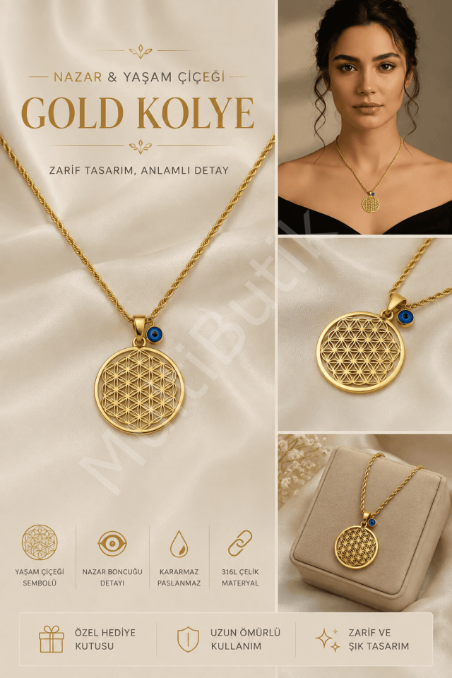 Nazar Boncuklu Yaşam Çiçeği Gold Çelik Kolye