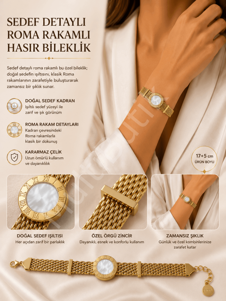 Sedef Detaylı Roma Rakamlı Hasır Çelik Bileklik