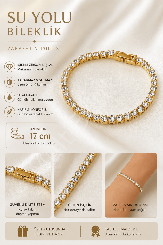 Zirkon Taşlı Su Yolu Çelik Bileklik – Gold – 17 cm