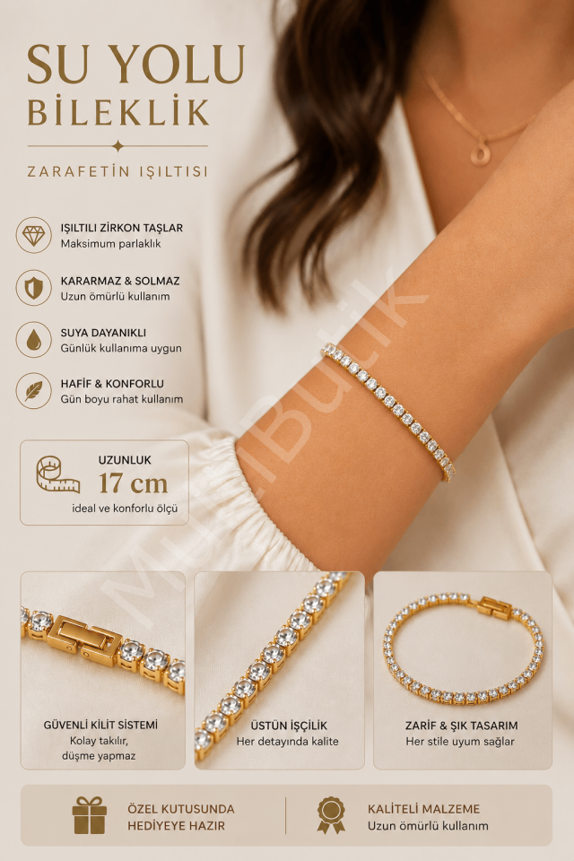 Zirkon Taşlı Su Yolu Çelik Bileklik – Gold – 17 cm