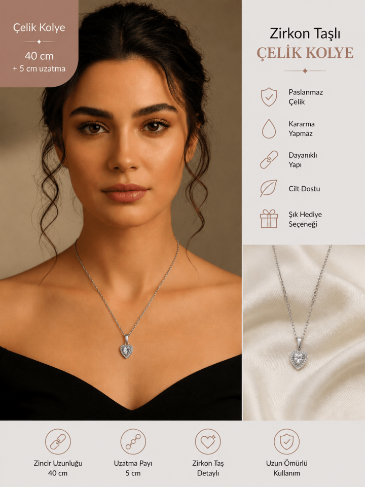 Zirkon Taşlı Kalp Model Çelik Kolye - Silver