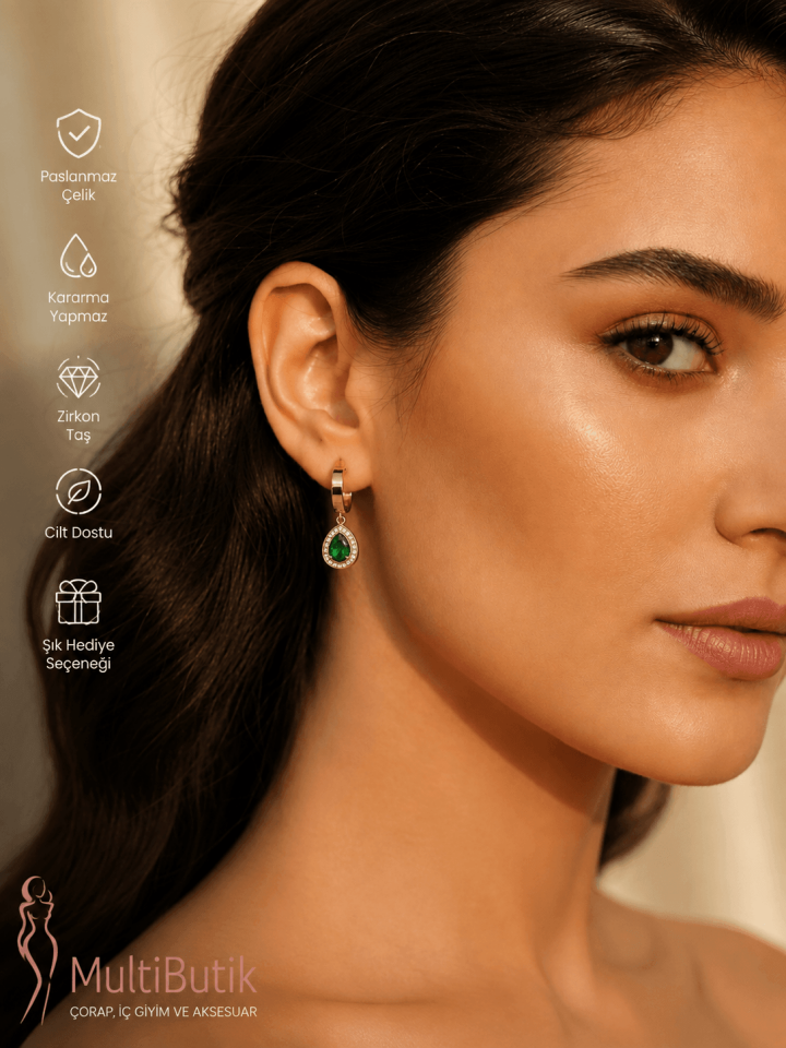 Zirkon Yeşil Taşlı Damla Model Çelik Halka Küpe
