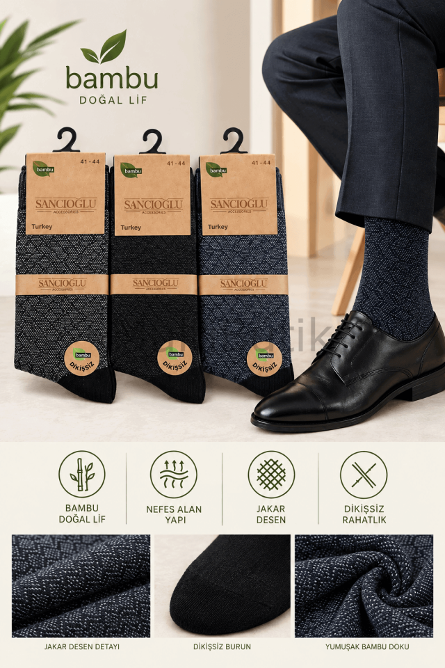 Bambu Jakar Desenli Dikişsiz Erkek Çorap 3'lü