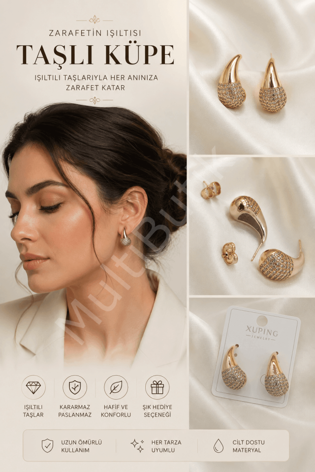 Taşlı Damla Model Gold Küpe