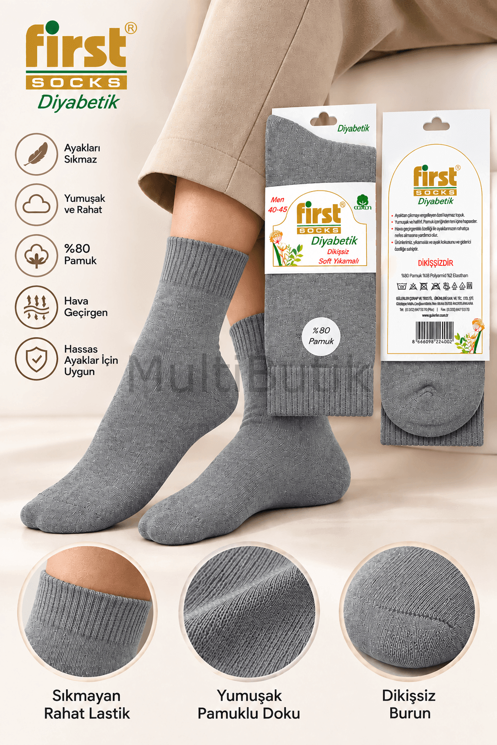 First Socks Dikişsiz Diyabetik Çorap 40-44 - Gri