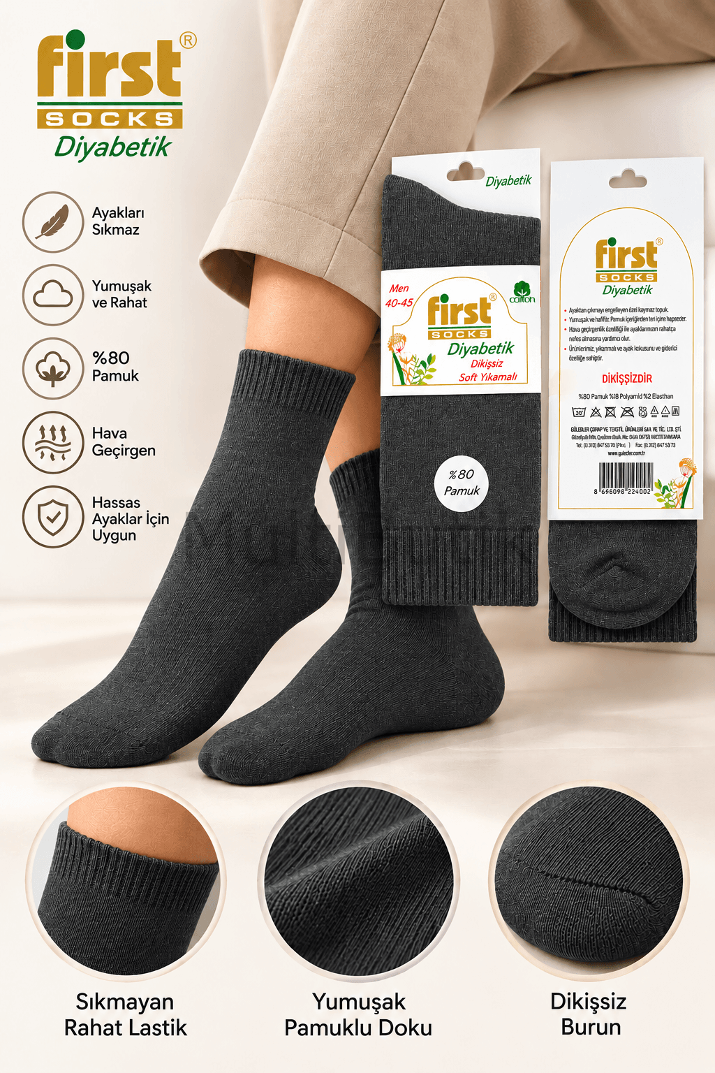 First Socks Dikişsiz Diyabetik Çorap 40-44 - Antrasi̇t