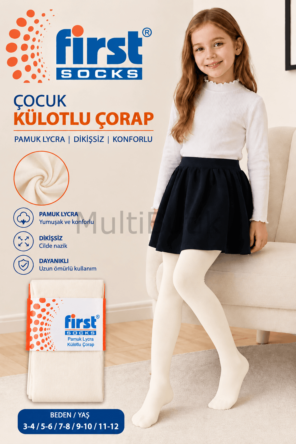 First Socks Pamuk Lycra Çocuk Külotlu Çorap Beyaz - 5-6 Yaş