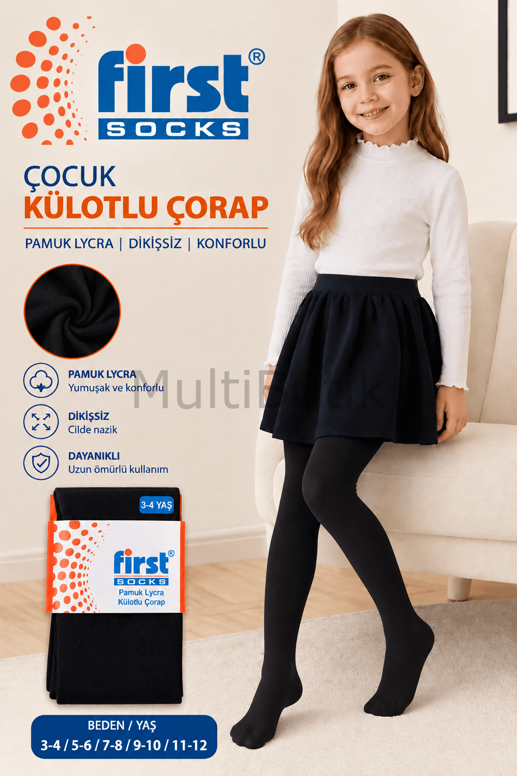 First Socks Pamuk Lycra Çocuk Külotlu Çorap Siyah - 3-4 Yaş