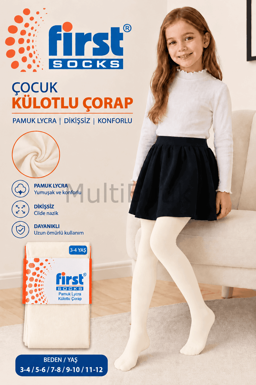 First Socks Pamuk Lycra Çocuk Külotlu Çorap Ekru - 5-6 Yaş