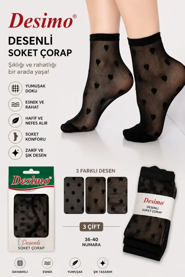 Desenli Soket 40 Den Çorap