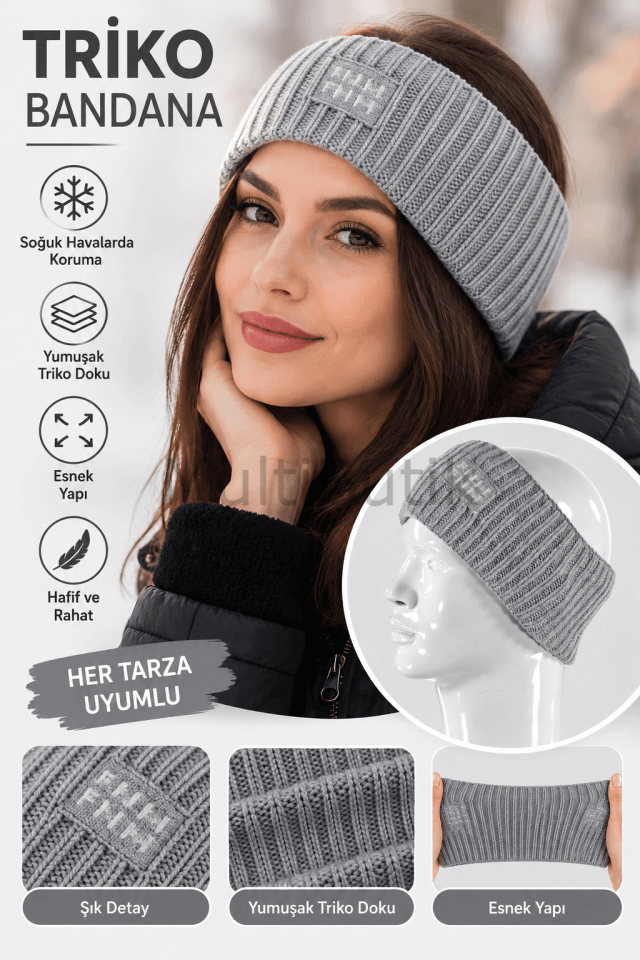 Triko Örgü Bandana –  Saç Bandı – Gri