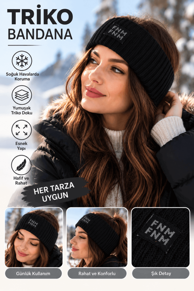 Triko Örgü Bandana –  Saç Bandı – Siyah