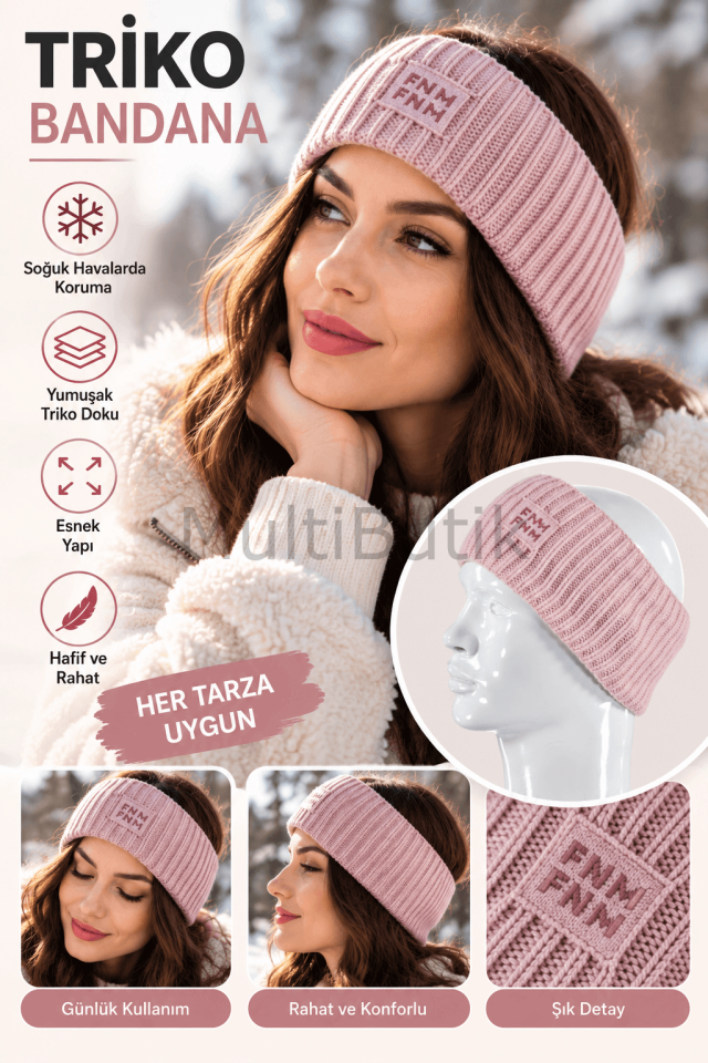 Triko Örgü Bandana –  Saç Bandı – Pembe