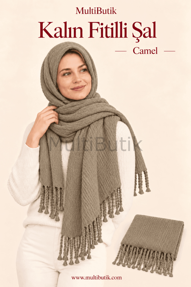 Kadın Kalın Fitilli Şal – Camel