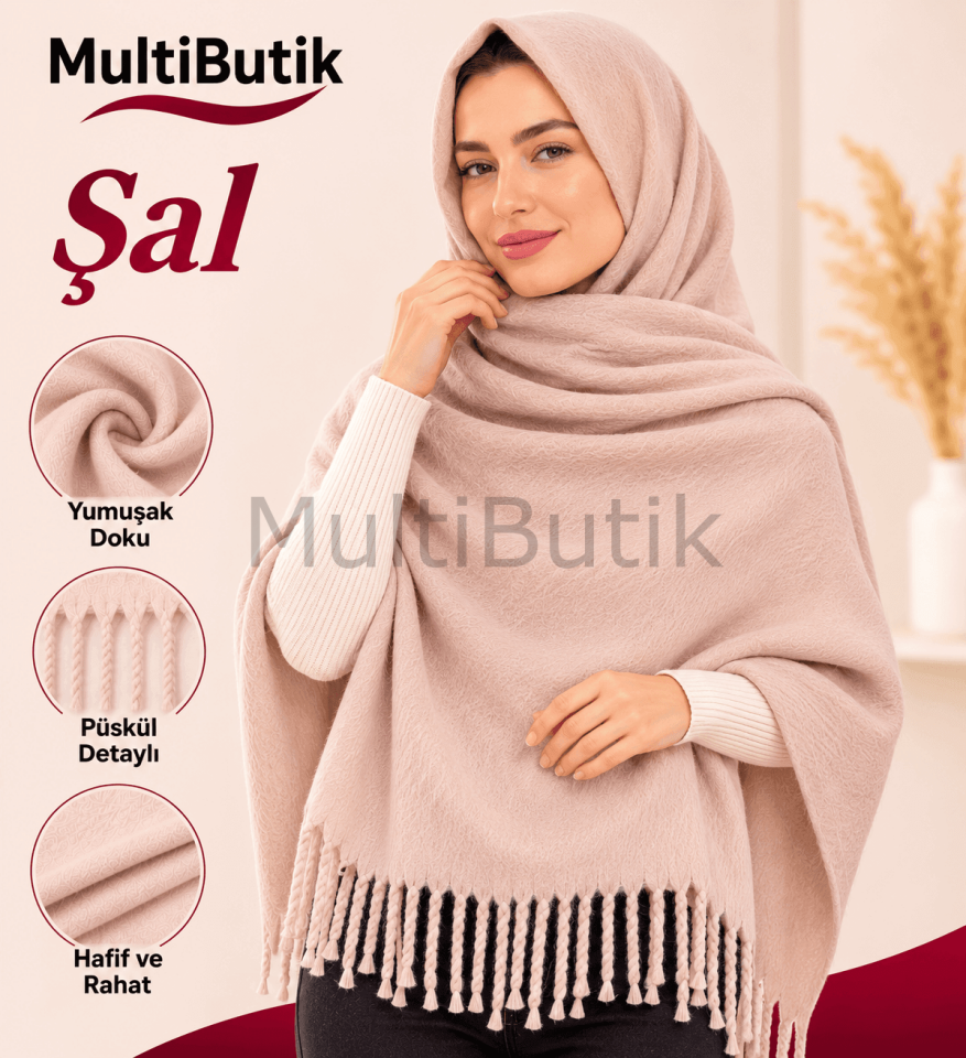 Kadın Kalın Fitilli Şal – Pudra