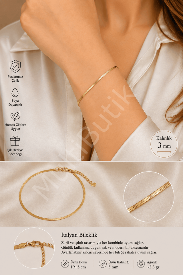 İtalyan Model Çelik Bileklik 3 mm - Gold