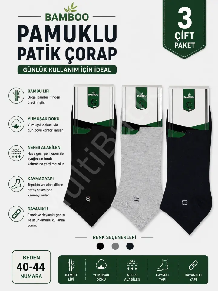 3 Çift – Bambu Erkek Patik Çorap 40-44 Beden