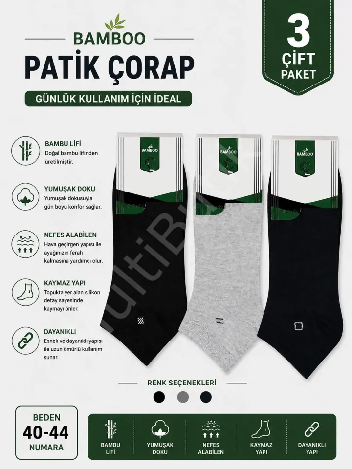 3 Çift – Bambu Erkek Patik Çorap 40-44 Beden